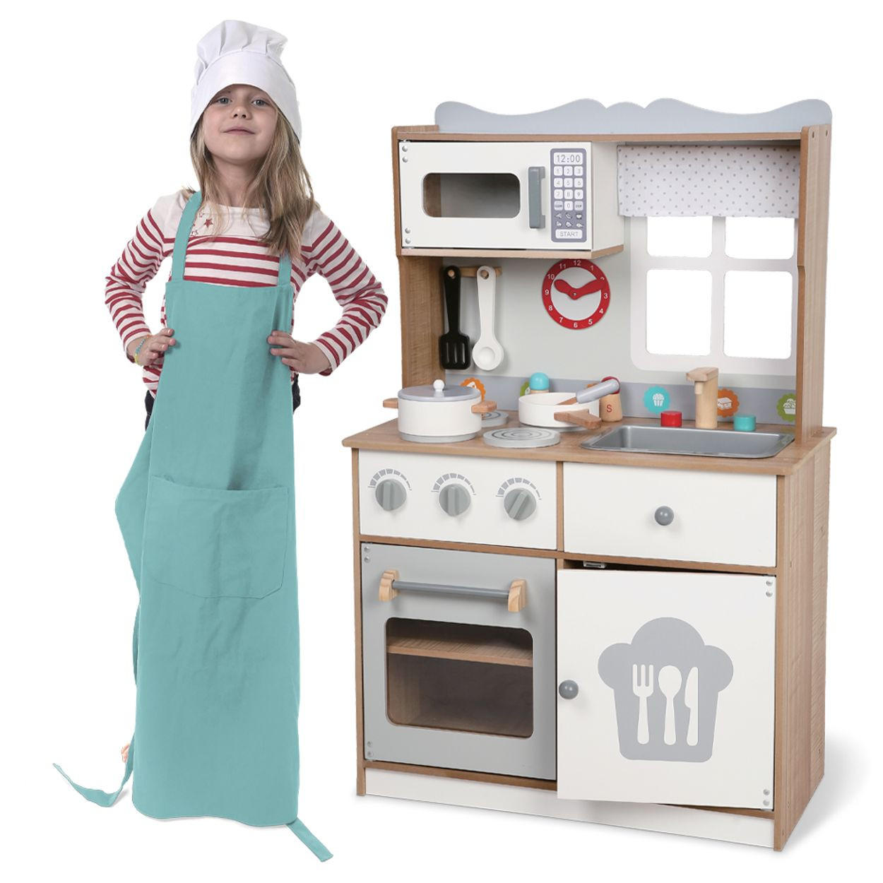 SPIELKÜCHE 7253 braun Holz, 14-teilig, Herd, Backofen, Mikrowelle, Spieluhr, Spülbecken - Braun, Holz (30/60/93cm) - Moni