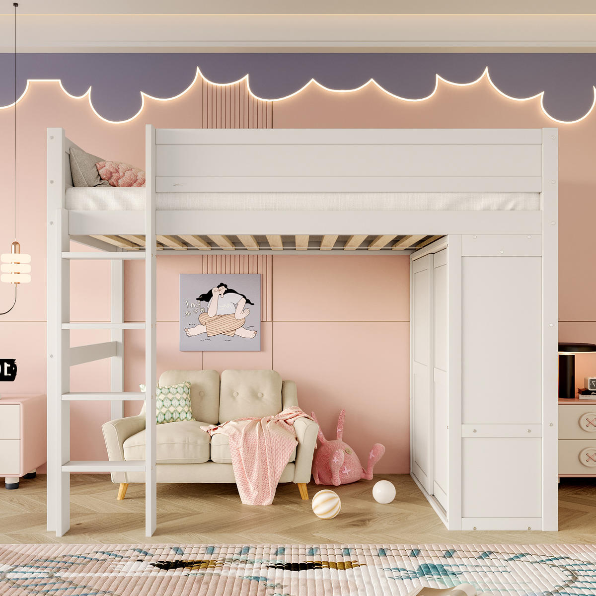 HOCHBETT 90/200 cm Weiß mit Kleiderschrank und Staufach aus Kiefernholz - Weiß, Holz (90/200cm) - OKWISH