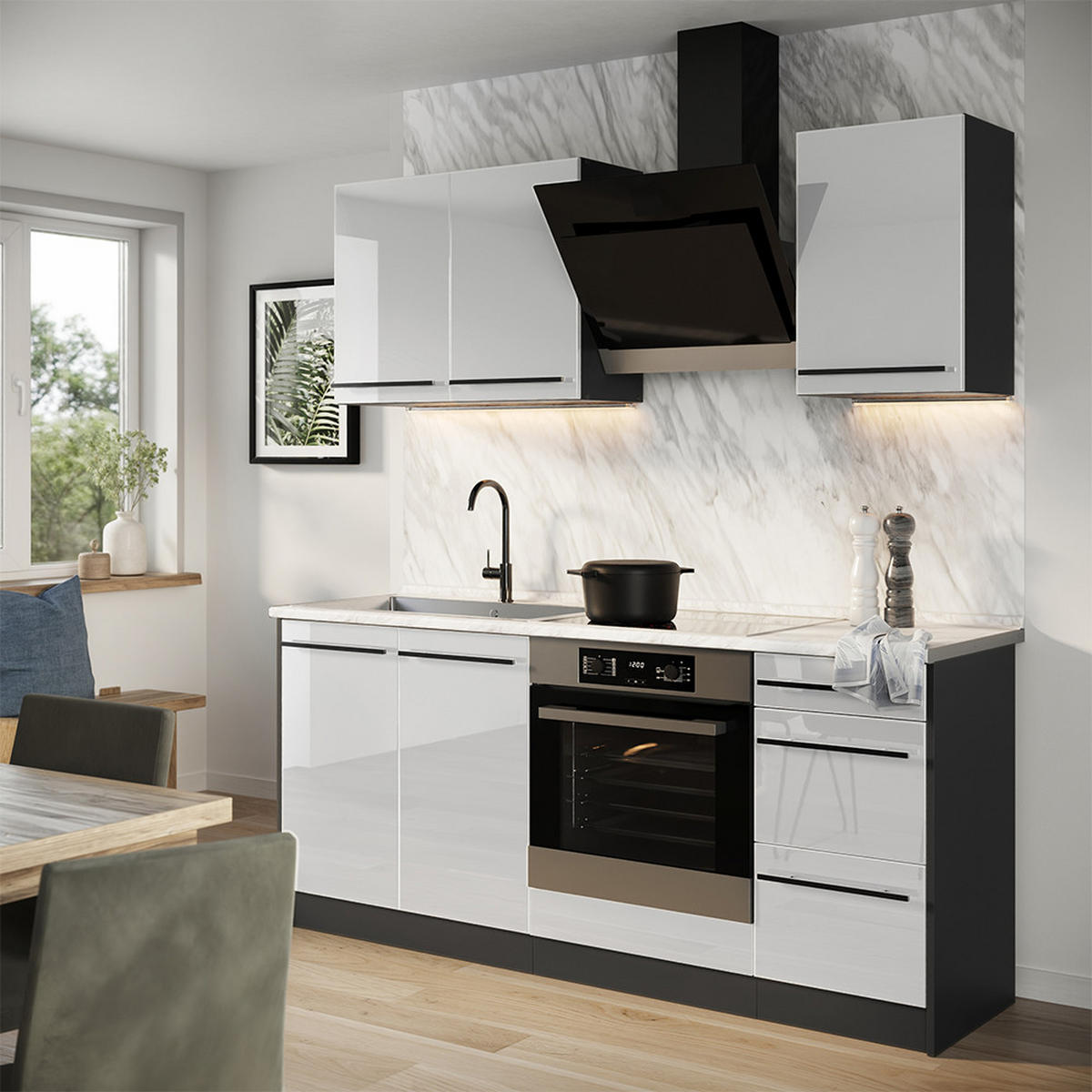 SINGLEKÜCHE R-Line, Weiß Hochglanz/Anthrazit, 180 cm ohne Arbeitsplatte - Weiß Hochglanz/Anthrazit, Holzwerkstoff (180/206.8/46cm) - Vicco