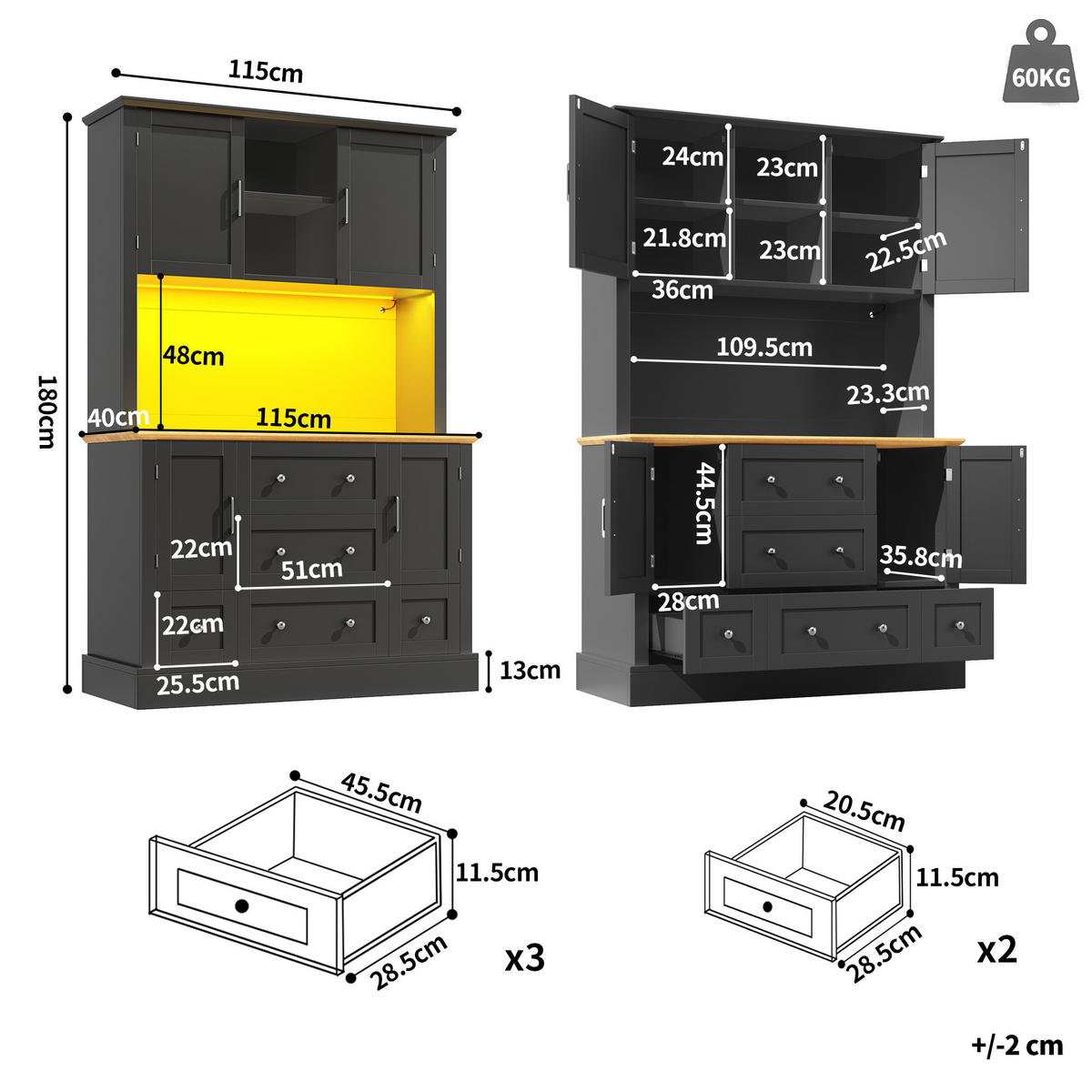 KÜCHENSCHRANK 115x40x180 cm, 4 Türen, 5 Schubladen, LED-Beleuchtung, Schwarz/Natur - Naturfarben, Holzwerkstoff (115/180/40cm) - FOHERE