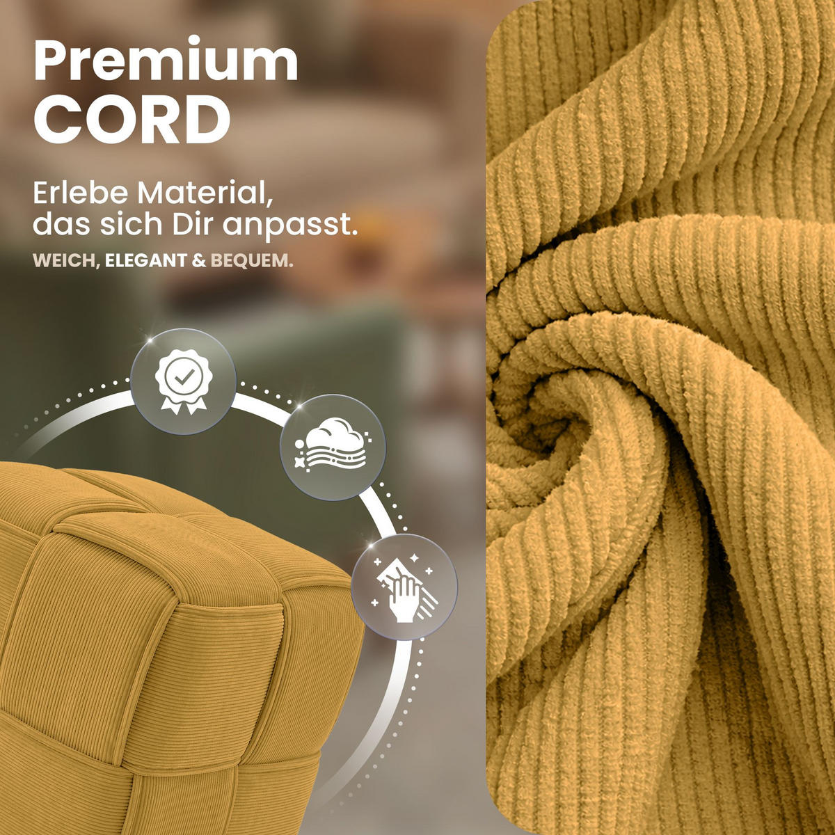 SITZWÜRFEL eckig 40/40/40 cm Cord Gelb - Gelb, Kunststoff/Textil (40/40/40cm) - CLP