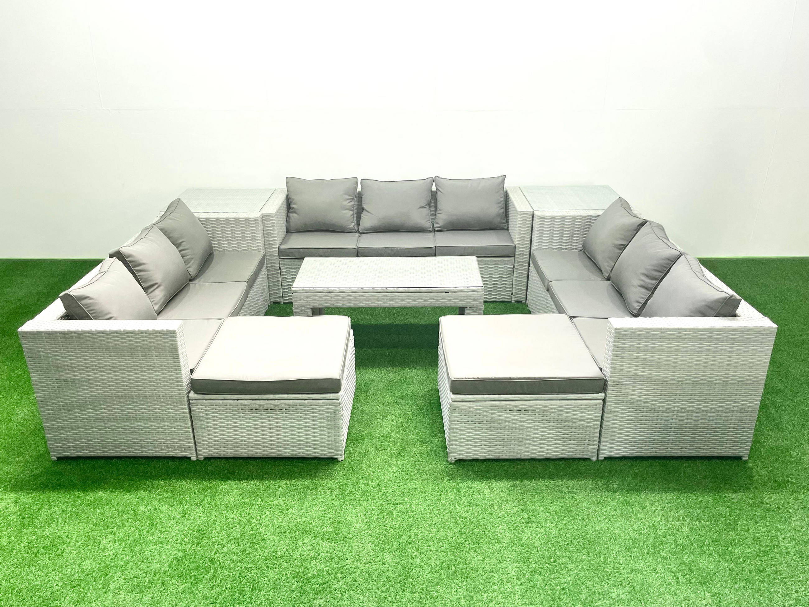 BALKONMÖBEL-SET Polyrattan Hellgrau-Mix 11-teilig - Hellgrau/Grau, Glas/Kunststoff - Fimous
