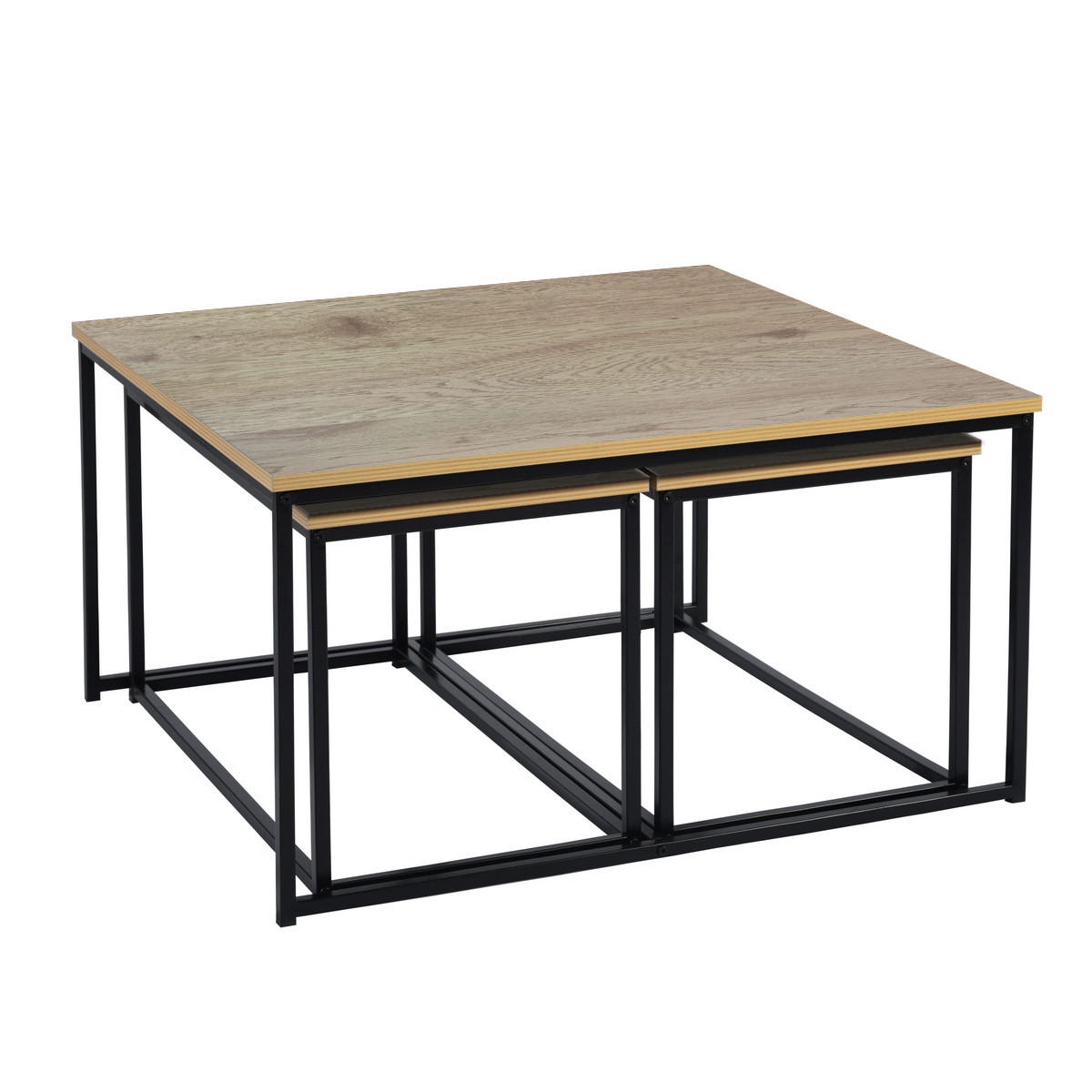 SATZTISCH 3er-Set modern industriell - Eichefarben/Schwarz, Holz/Metall (80/80/45cm) - Urban Meuble