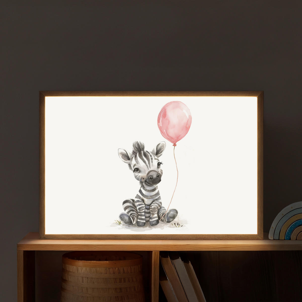 WANDLEUCHTE MIT AKKU Zebra - Baby - Tiere - Rosa Luftballon 60x40 cm - Weiß, Holzwerkstoff (60/40/8cm) - OnlyWow