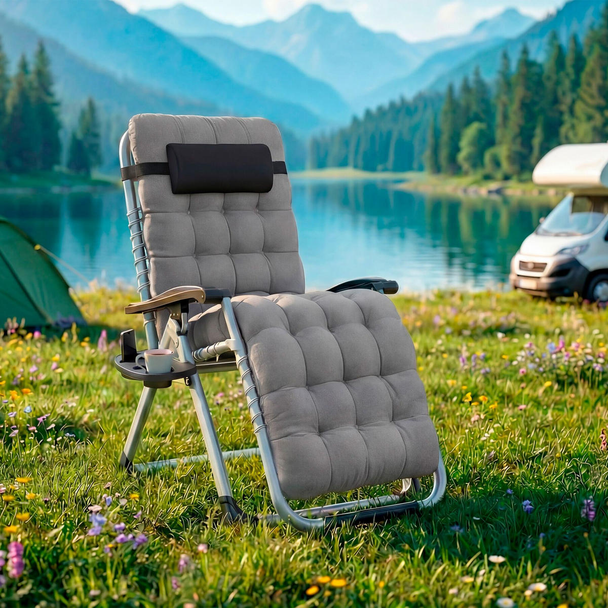 SONNENLIEGE Cloud, 84 x 168 x 82,5 cm, mit Ablagetisch, hellgrau - Hellgrau, Kunststoff (84/103/113cm) - tectake