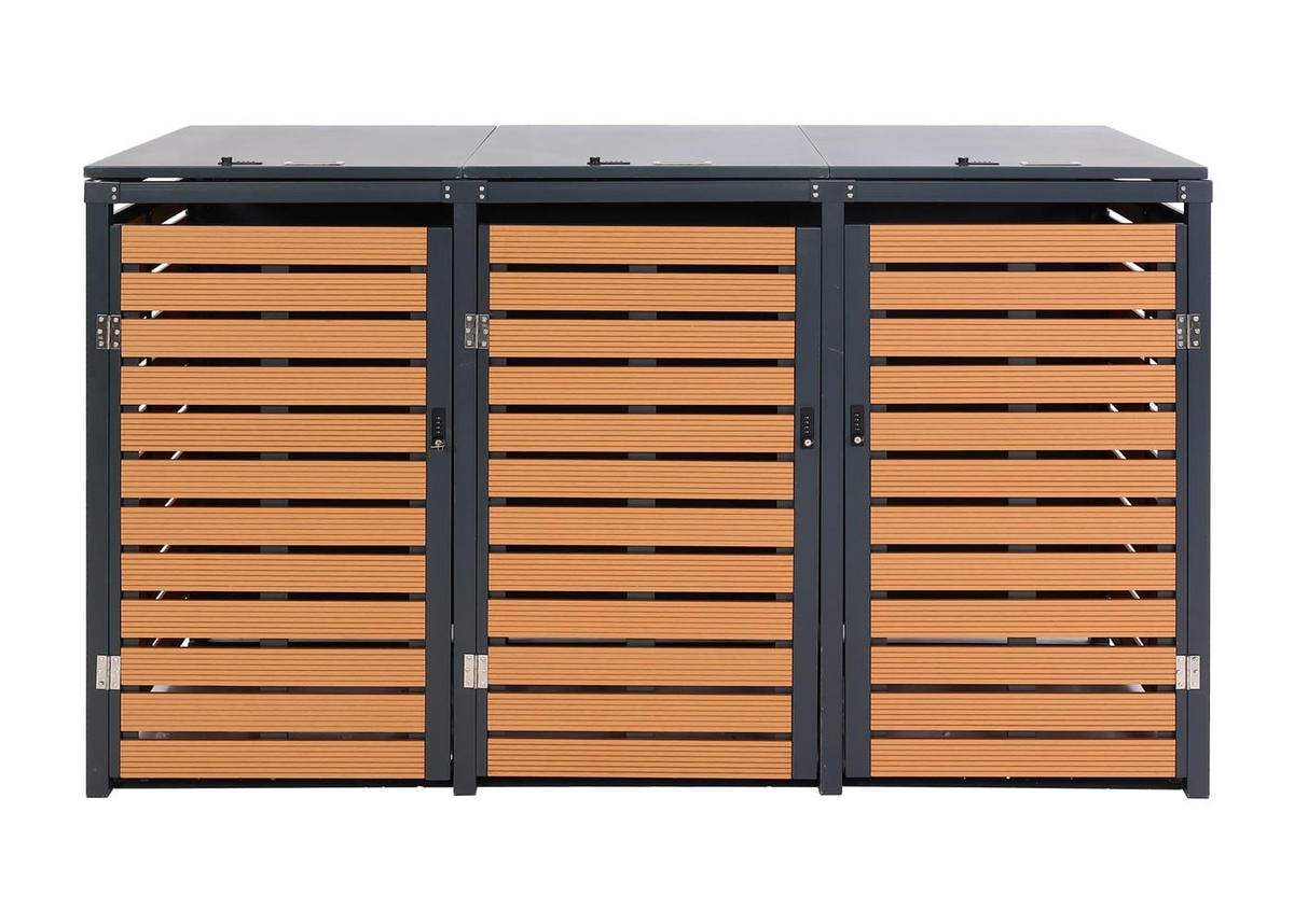 MÜLLTONNENBOX 3er HxBxT 119x205x84cm Teak-Optik WPC Metall 109kg - Teakfarben, Metall (205/119/84cm) - PROREGAL