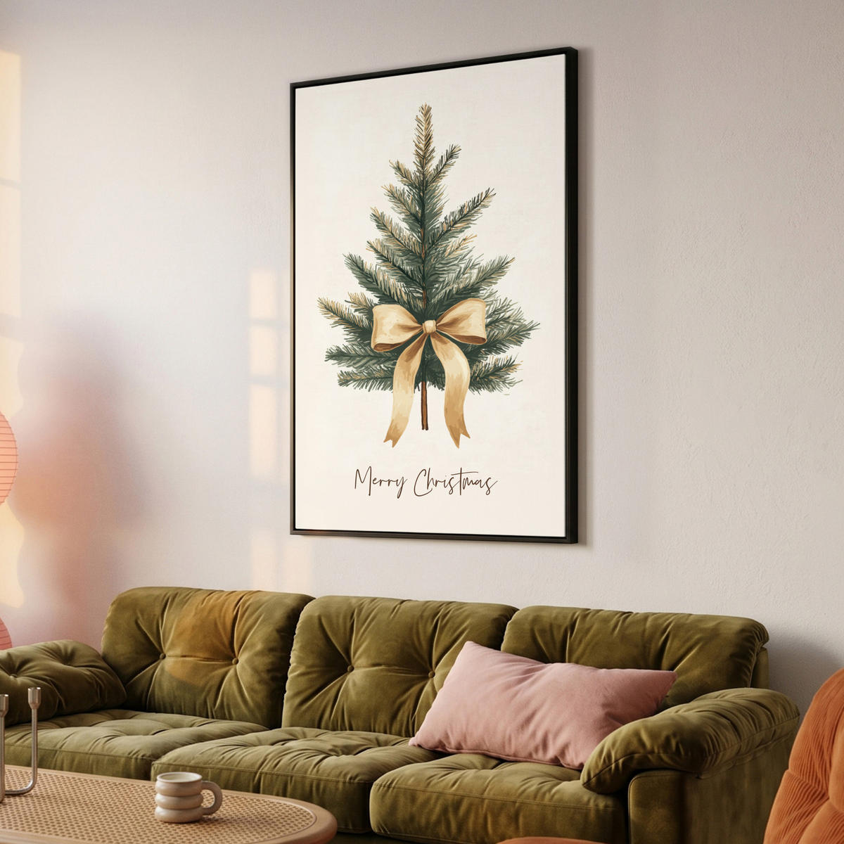 LEINWAND Bilder mit Rahmen - Weihnachtsbaum - Weihnachten - Frohe Weihnachten - Beige - 90x140 - Sandfarben, Textil (90/140cm) - MuchoWow
