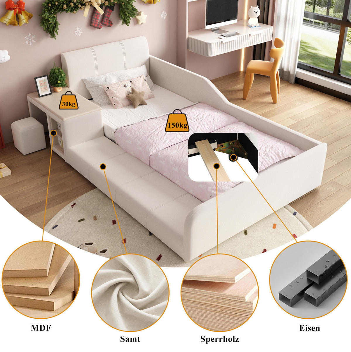 POLSTERBETT 90/200 cm Weiß aus Samt mit Schreibtisch und Hocker - Weiß, Textil (90/200cm) - OKMYHOME