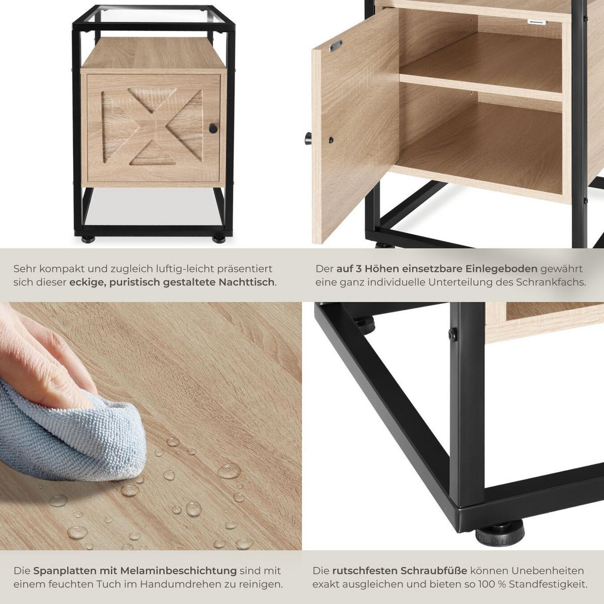 NACHTSCHRANK Kidderminster,40 x 43 60,5 cm,Industrial Holz hell, Eiche Sonoma - Naturfarben, Holzwerkstoff (43/60.5/40cm) - tectake