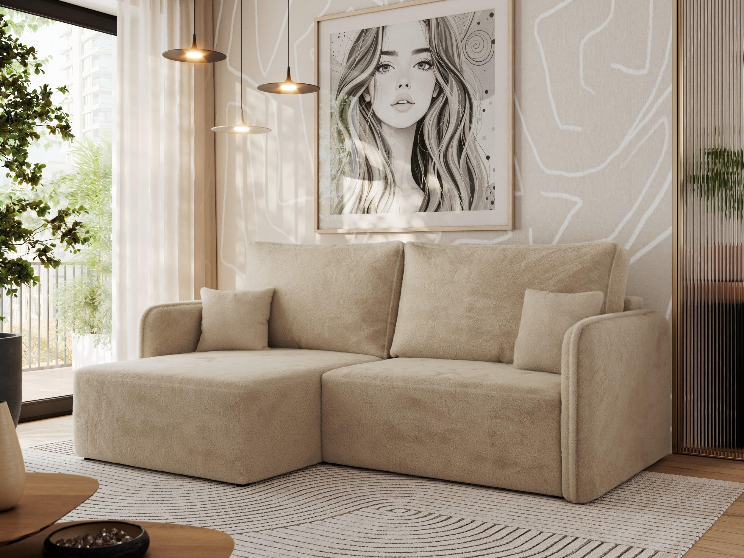 ECKSCHLAFSOFA MESTO L Beige Plüsch - links - Beige/Schwarz, Kunststoff/Textil (227/147cm) - MKS