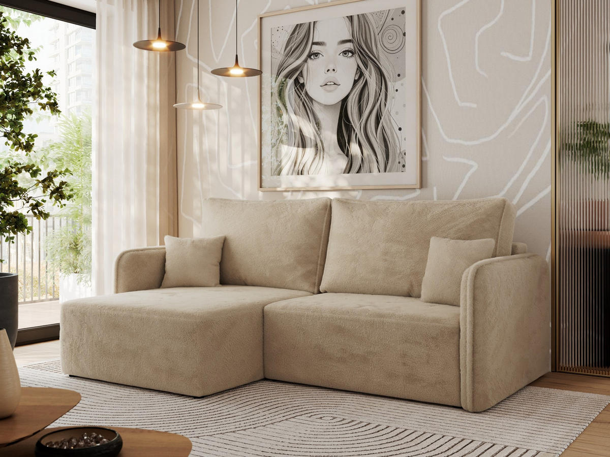 ECKSCHLAFSOFA MESTO L Beige Plüsch - links - Beige/Schwarz, Kunststoff/Textil (227/147cm) - MKS