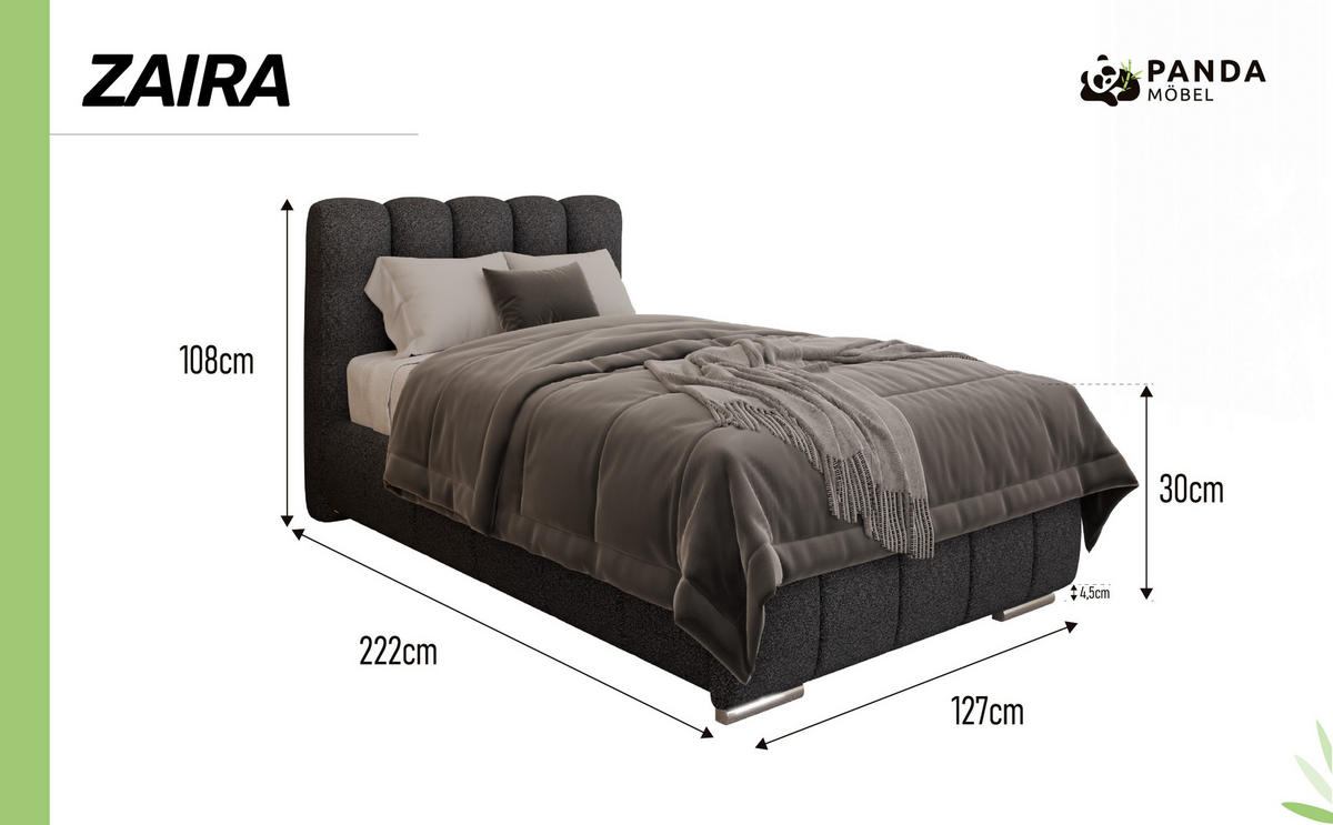 POLSTERBETT Zaira 100x200cm – Elegantes Polsterbett für modernen Wohnstil , ZONIERTE TASCHENFEDERN KOKOS (21cm), Graphitfarben - Graphitfarben, Holz (100/200cm) - Panda Möbel