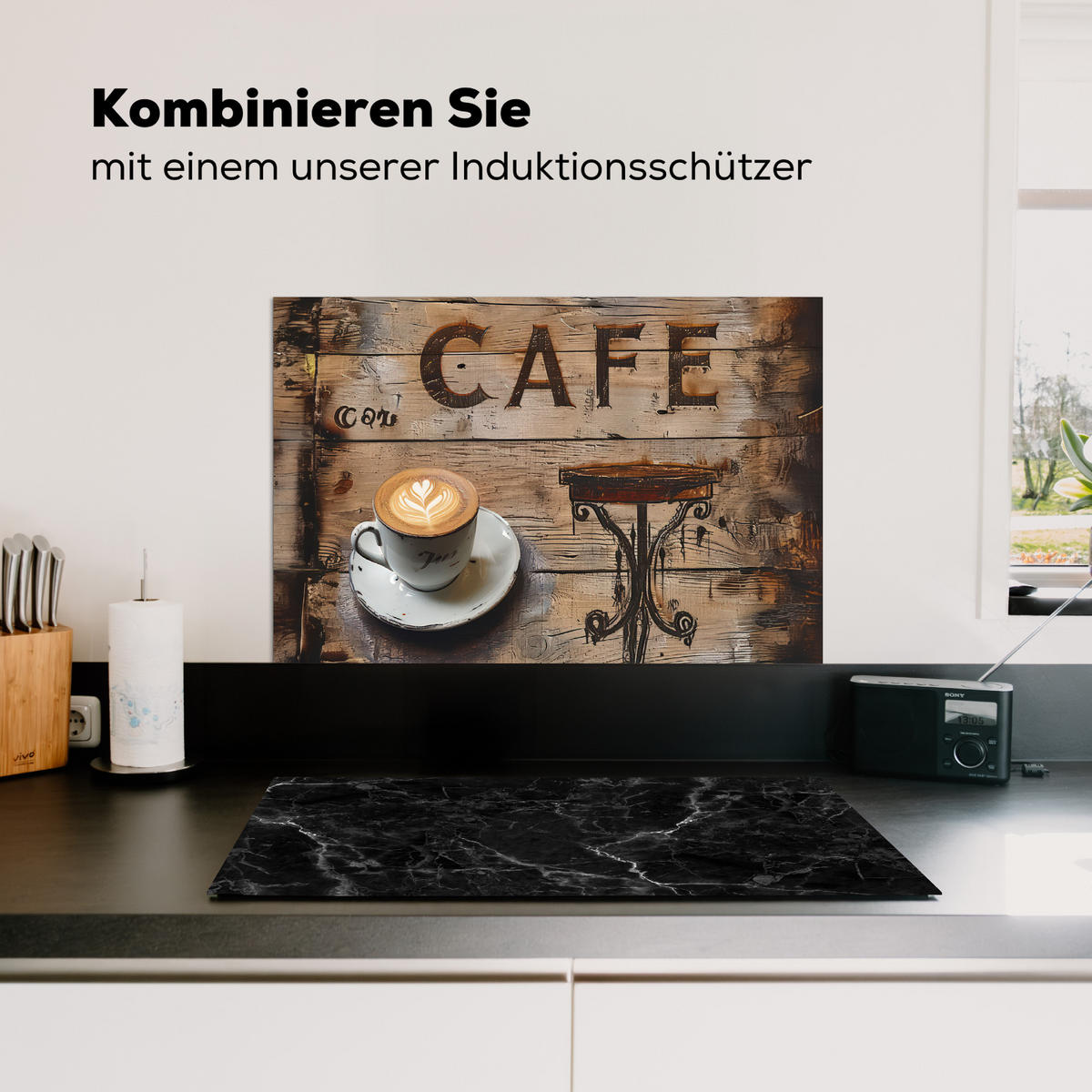 SPRITZSCHUTZ KÜCHE Cafe - Holz - Kaffee - Regale 60x40 cm - Schwarz, Metall (60/0.3/40cm) - MuchoWow
