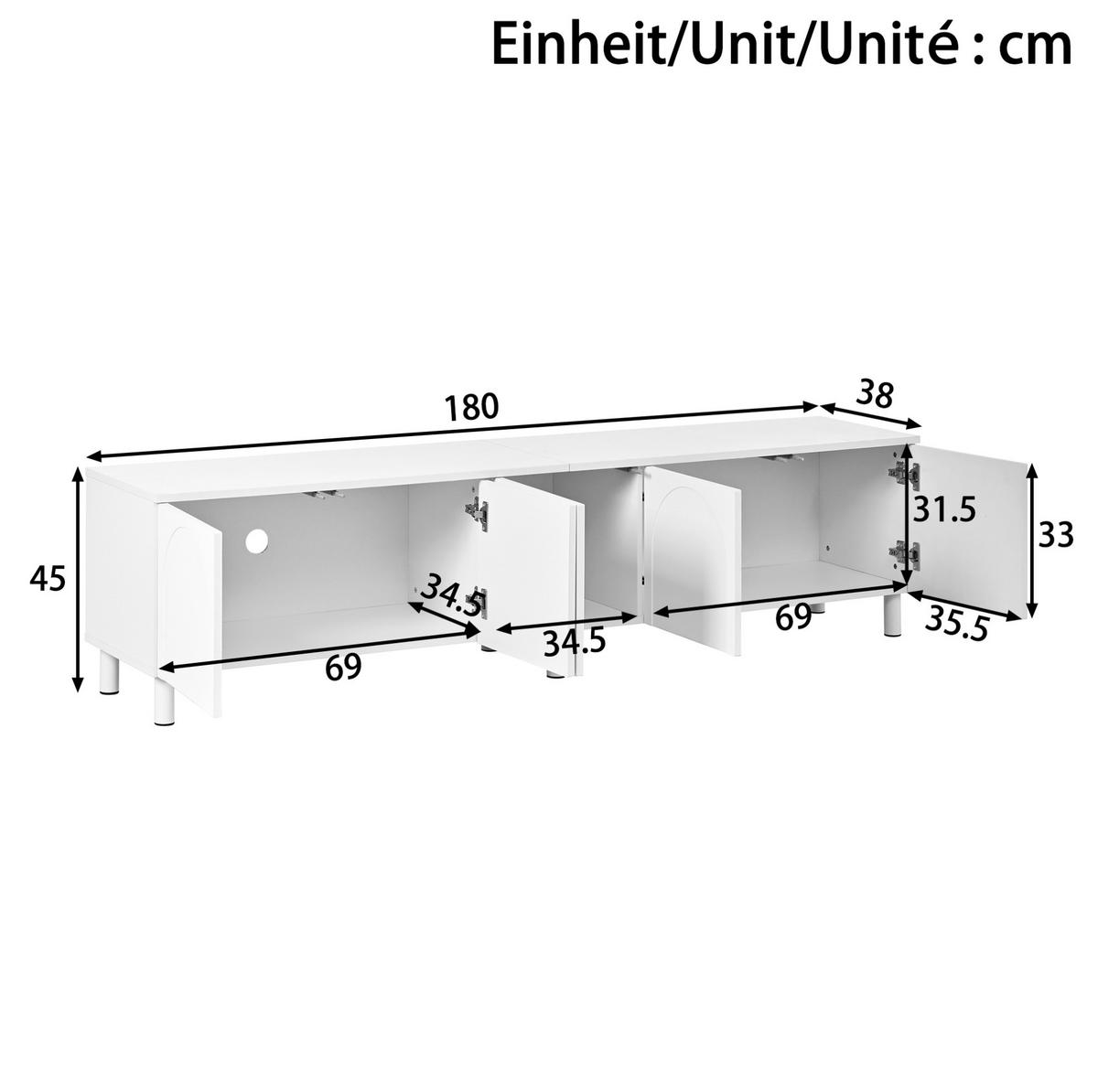 TV-ELEMENT mit 5 Türen 180 x 38 x 45 cm MDF Weiß - Weiß, Holzwerkstoff (38/45/180cm) - Beauniv