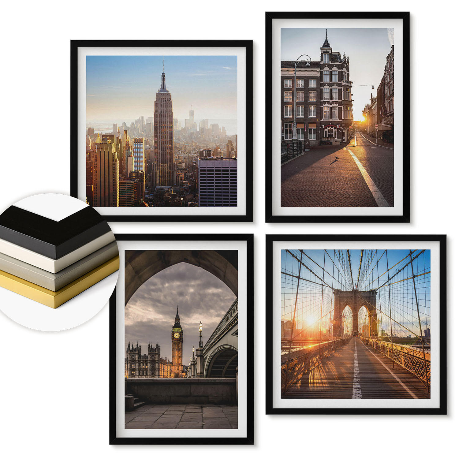 WANDBILDER 4er-Set - 50x50 cm & 40x60 cm Schwarzer Rahmen - London-Ansichtsgemälde-Set - Schwarz, Kunststoff (50/50cm) - ArtPrintCave