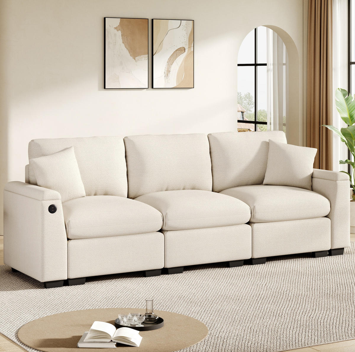 SOFA 3-Sitzer mit Klapptisch USB und Stauraum Chenille Beige - Beige, Kunststoff (242/88/80cm) - Meubliv