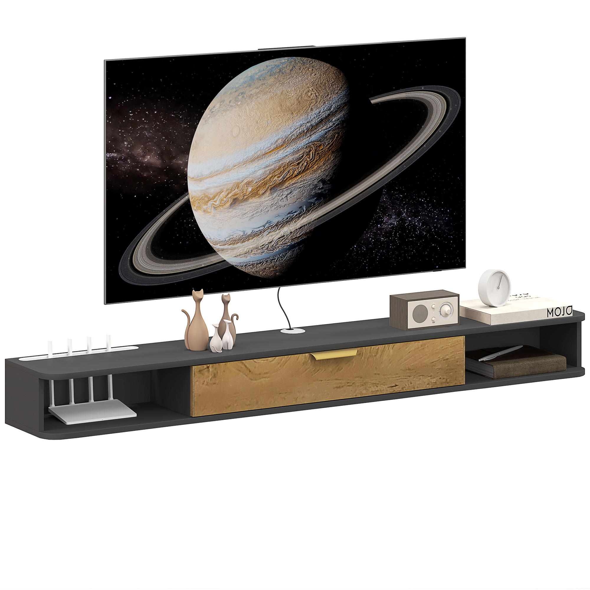 TV-LOWBOARD Grau 160/24/16 cm, Hängend, Klapptür, Offene Fächer - Grau, Holzwerkstoff (160/16/24cm) - PANGIVO