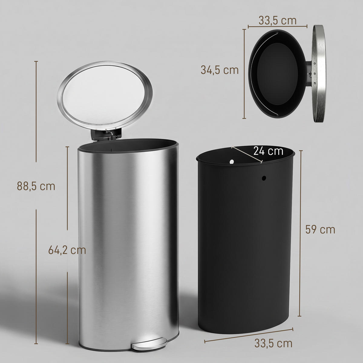 KÜCHENMÜLLEIMER ABS Edelstahl 410 Silber - Silberfarben, Metall (34.5/64.2/33.5cm) - HOMCOM