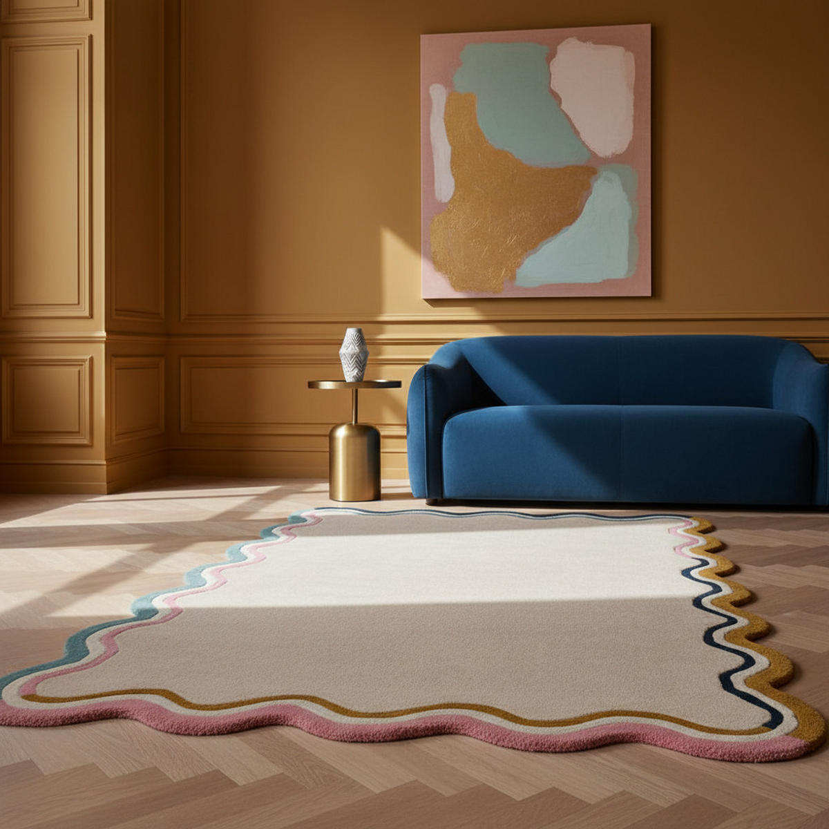 WOLLTEPPICH Wellenbordüre-Design, pastell handgetuftet WINCH, Multi 160x230 cm - Beige, Textil (160/230cm) - KADIMA DESIGN