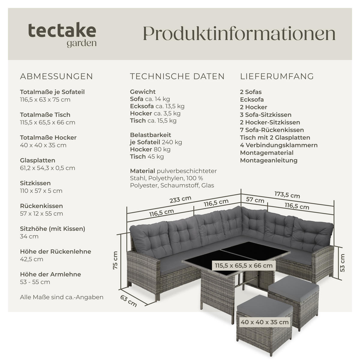RATTANLOUNGE Barletta,mit Sicherheitsglasplatten,grau/beige - Beige/Grau, Kunststoff - tectake