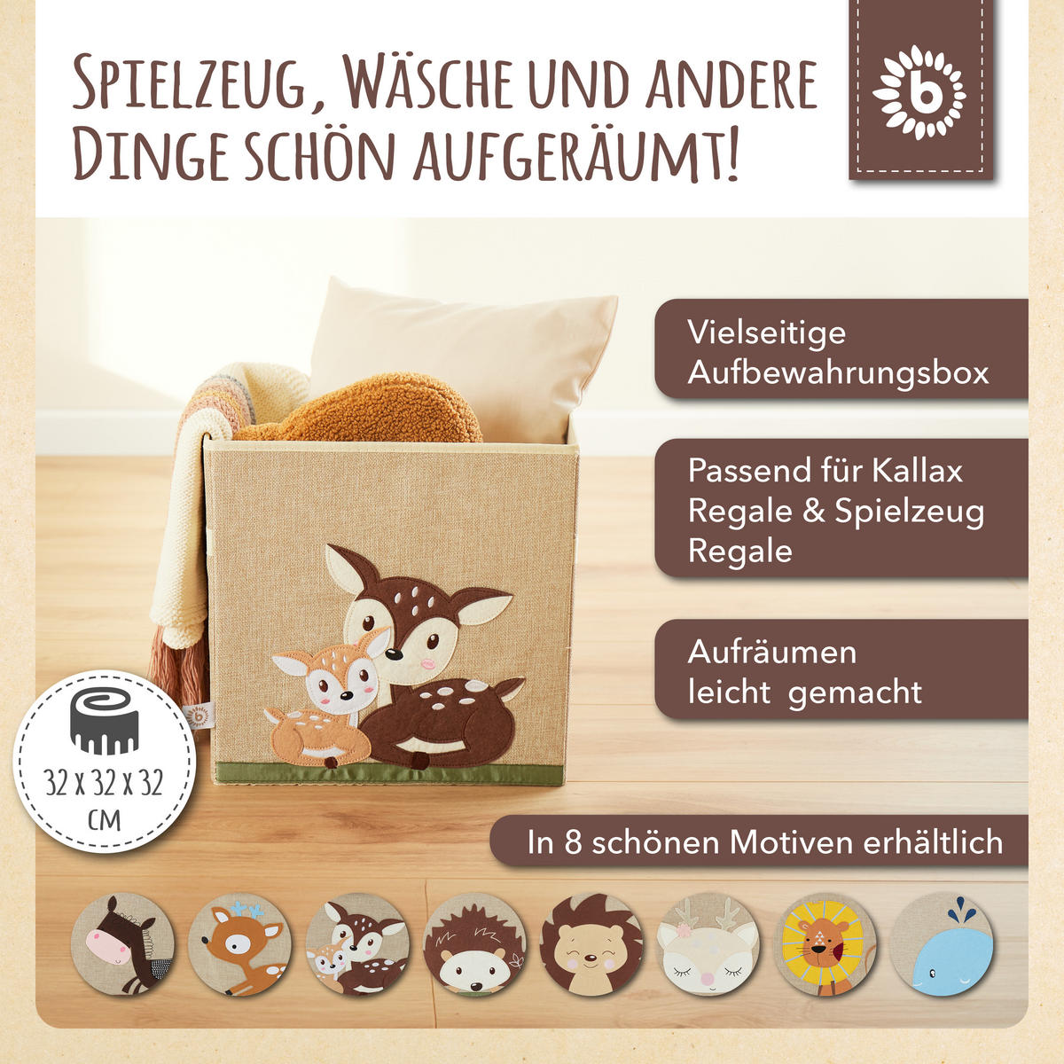 AUFBEWAHRUNGSBOX Kinder Kallax Reh - Beige/Braun, Textil (33/33cm) - Bieco Spielwaren