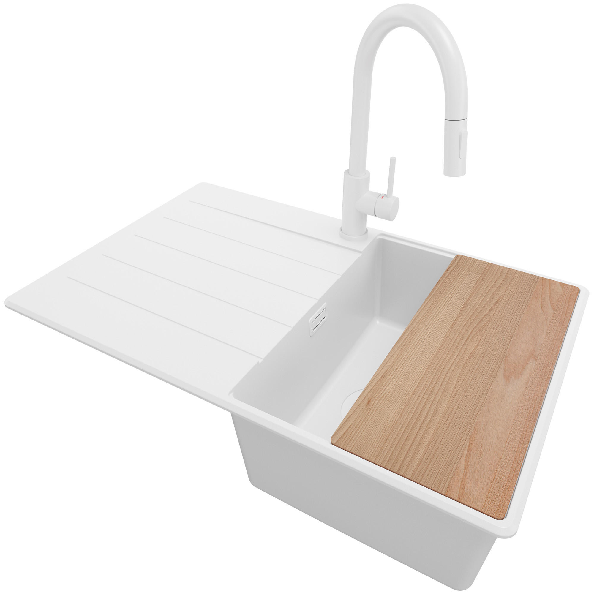 GRANITSPÜLE Kopenhagen, 2-er set Alles Weiß 78/50 cm 1 Becken + Küchenarmatur 40/20 cm + Ablauf-Set + Schneidebrett ab 45er Unterschrank - Beige/Weiß, Kunststoff (78/20/50cm) - Primagran