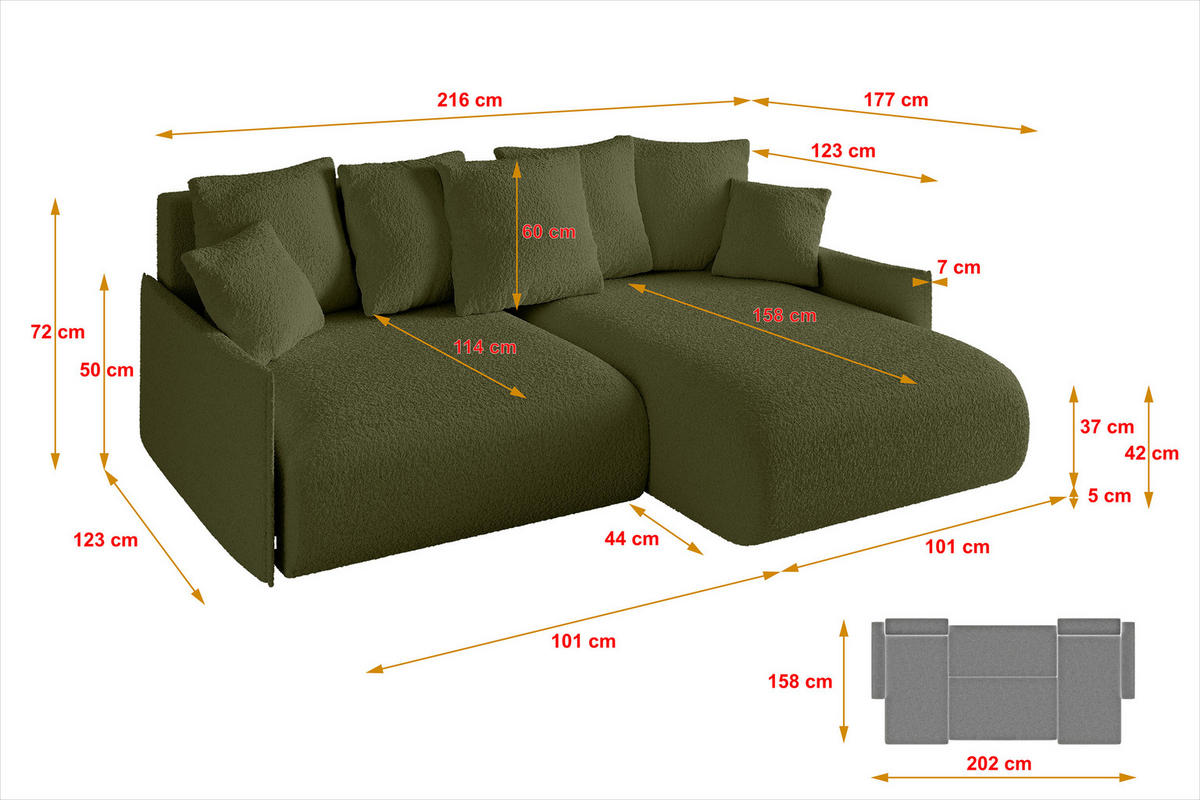 ECKSOFA Ottomane rechts ONESK-L -v1 216x177x72 Grün Bouclé - Olivgrün, Holzwerkstoff/Kunststoff (177/216cm) - ALTDECOR
