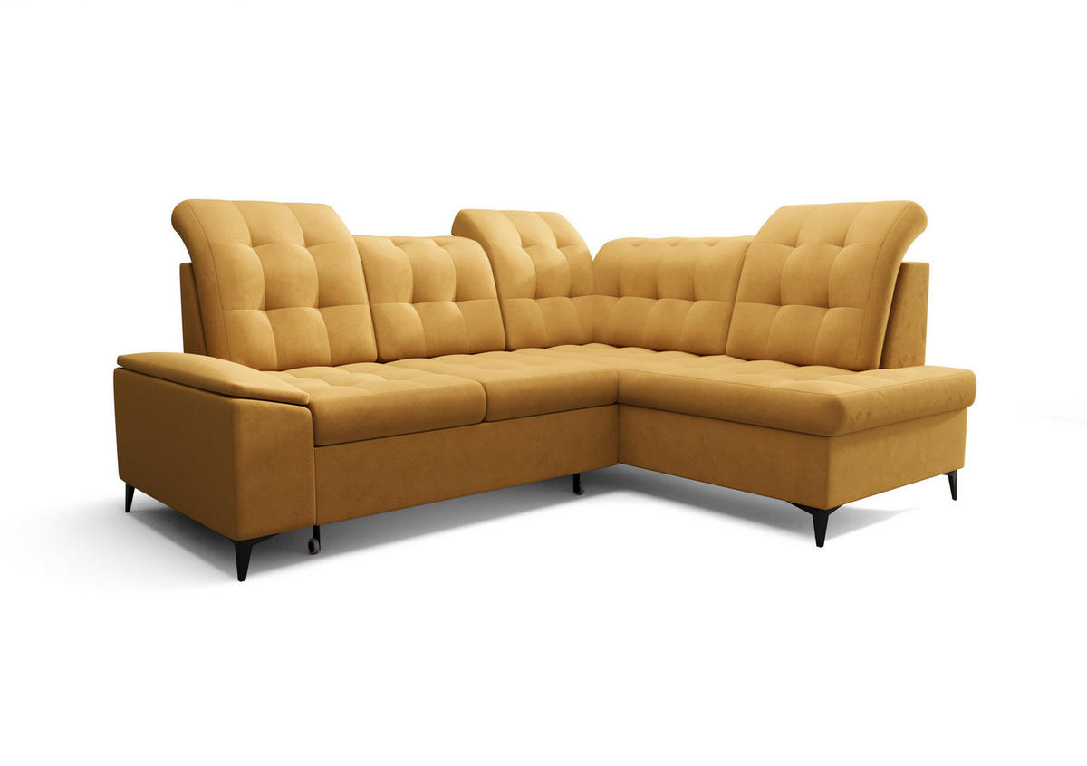 ECKSOFA KONGO RBN16, Eckcouch in L-Form mit Schlaffunktion, Farbe: Gelb, Velourstoff, Ottomane Rechts - Gelb, Textil (268/210cm) - O-Sofa