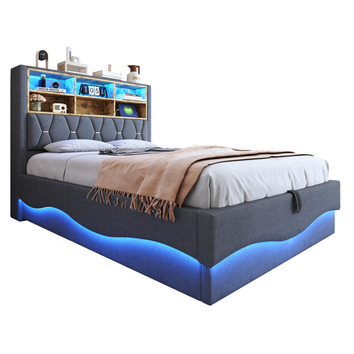 POLSTERBETT mit Bettkasten 140/200 cm mit LED-Beleuchtung und USB in Grau - Grau, Metall (140/200cm) - BEAOK