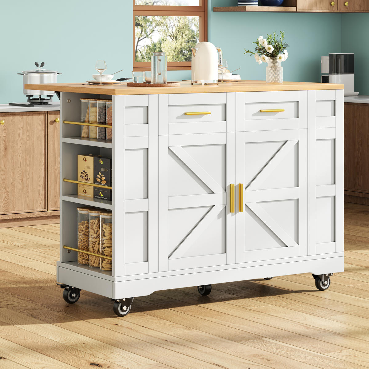 KÜCHENINSEL faltbar 120x65x90cm Weiß mit 3D Türen & 2 Schubladen - Weiß, Holzwerkstoff (120/90/65cm) - Modfu