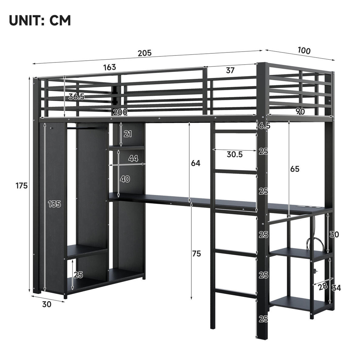 HOCHBETT 90x200 cm in Schwarz mit Schreibtisch, LED-Beleuchtung und offenem Kleiderschrank - Schwarz, Holzwerkstoff (90/200cm) - IVMEU