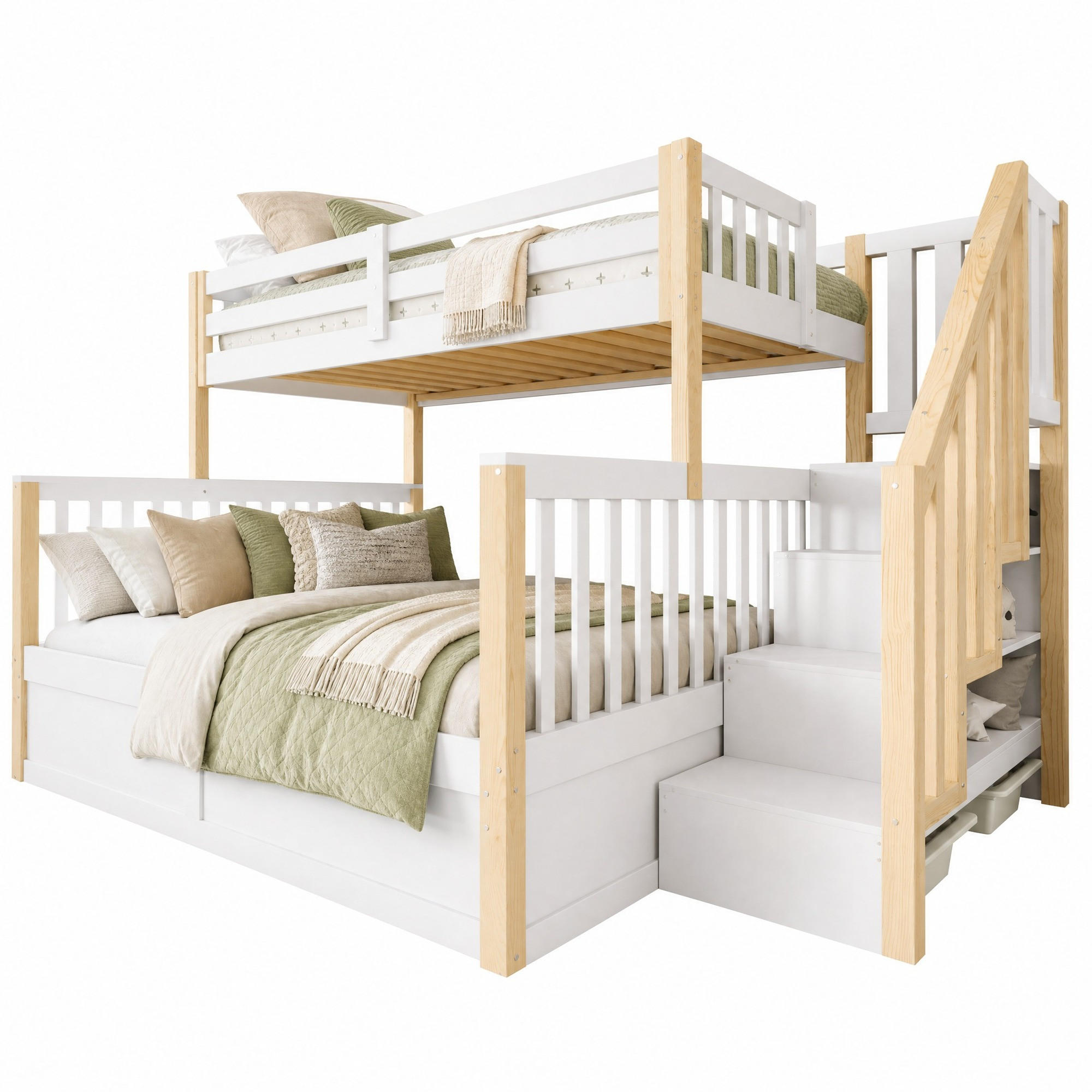ETAGENBETT 90/200+140/200 mit hydraulischem Stauraum und Ablageleiter in Weiß und Natur - Weiß/Naturfarben, Holz/Holzwerkstoff (90/200cm) - EVRYAE