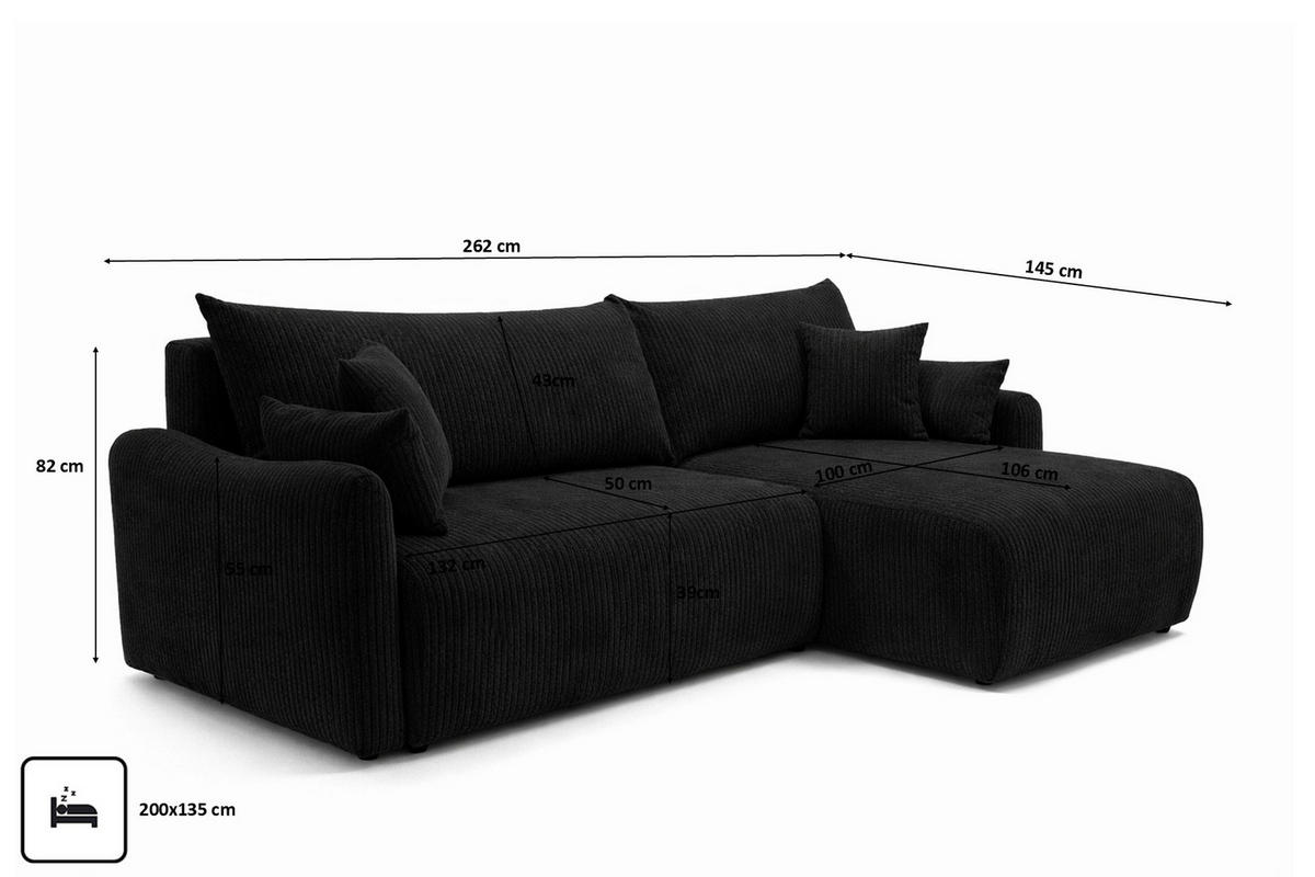 ECKSOFA Mit Schlaffunktion, Cordstoff Poso, Schwarz, Rechts, JAPANDI - Schwarz, Holz (262/145cm) - Kaiser Möbel