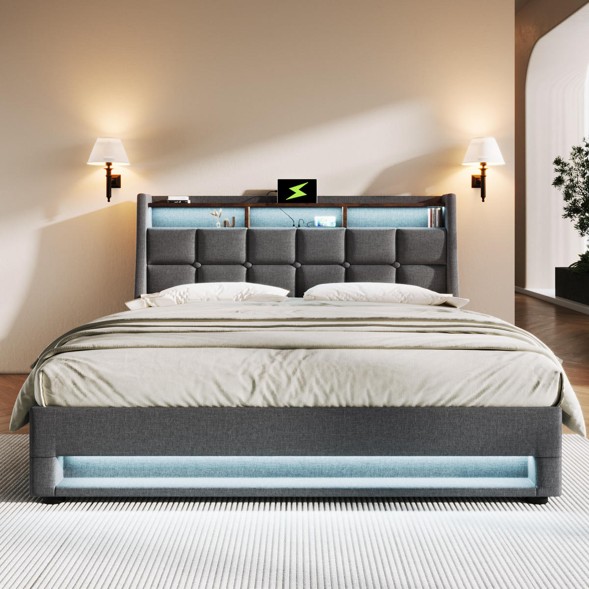 POLSTERBETT 140/200 cm Grau mit LED-Beleuchtung, USB-Anschluss und Stauraum - Grau, Textil (140/200cm) - Flora Grace