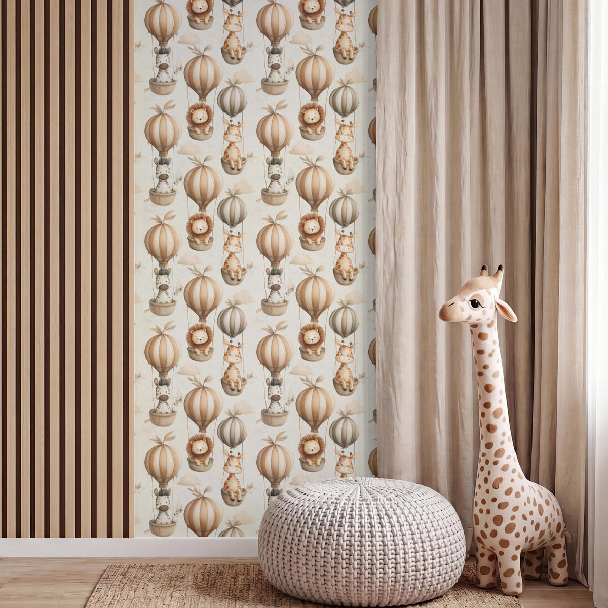 KINDERTAPETE - Safari - Heißluftballons - Taupe - 100x200 cm - Beige, Papier (100/200cm) - OnlyWow
