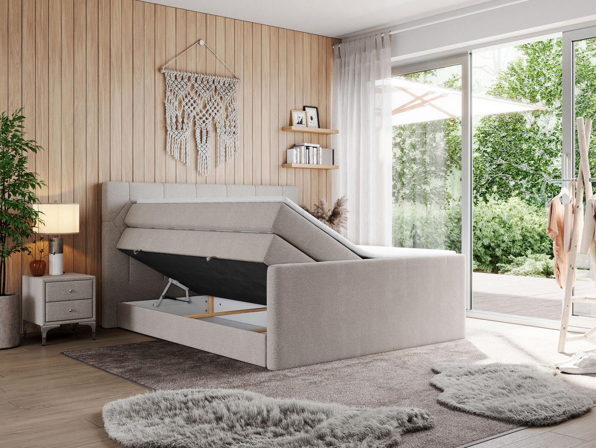 BOXSPRINGBETT KING EIGAR 180/200 Beige Struktur - H4 - Beige, Holz/Textil (180/200cm) - MKS