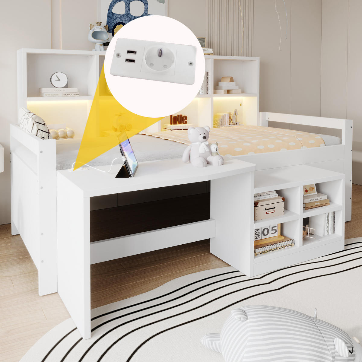 MULTIFUNKTIONSBETT mit Schreibtisch 90x200 cm Holz White - Weiß, Holz (90/200cm) - Meubliv