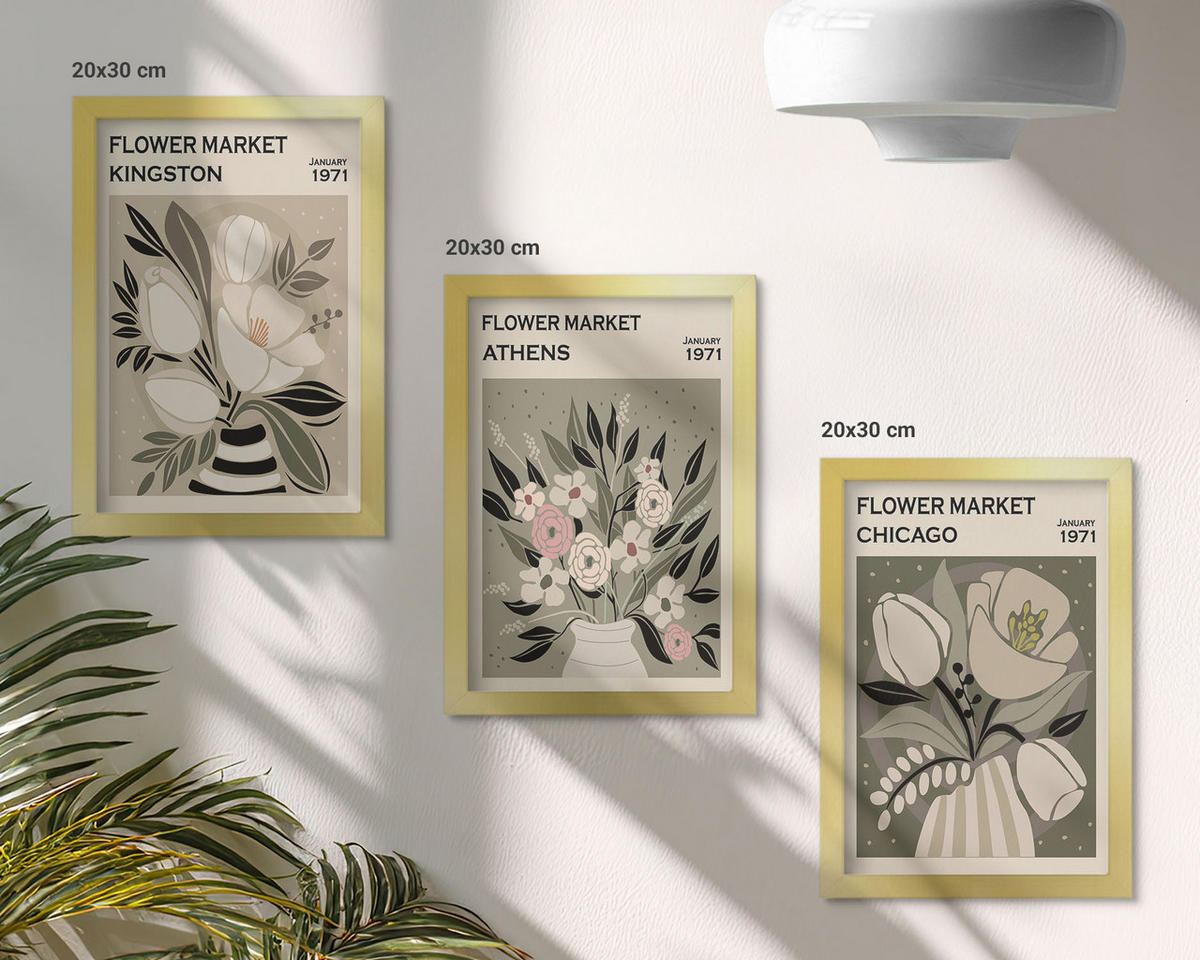BILDER SET 3er Set - 20x30 cm Goldrahmen - Retro-Blumenarrangements - Goldfarben, Kunststoff (20/30cm) - TULUP