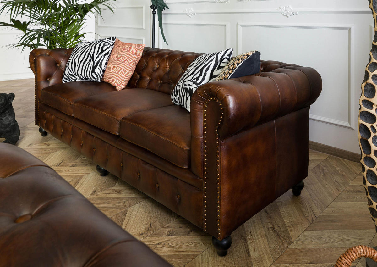 SOFA 3-Sitzer Echtleder 216x82x75 braun CHESTERFIELD #103 - Braun, Leder (216/75/82cm) - Massivmoebel24