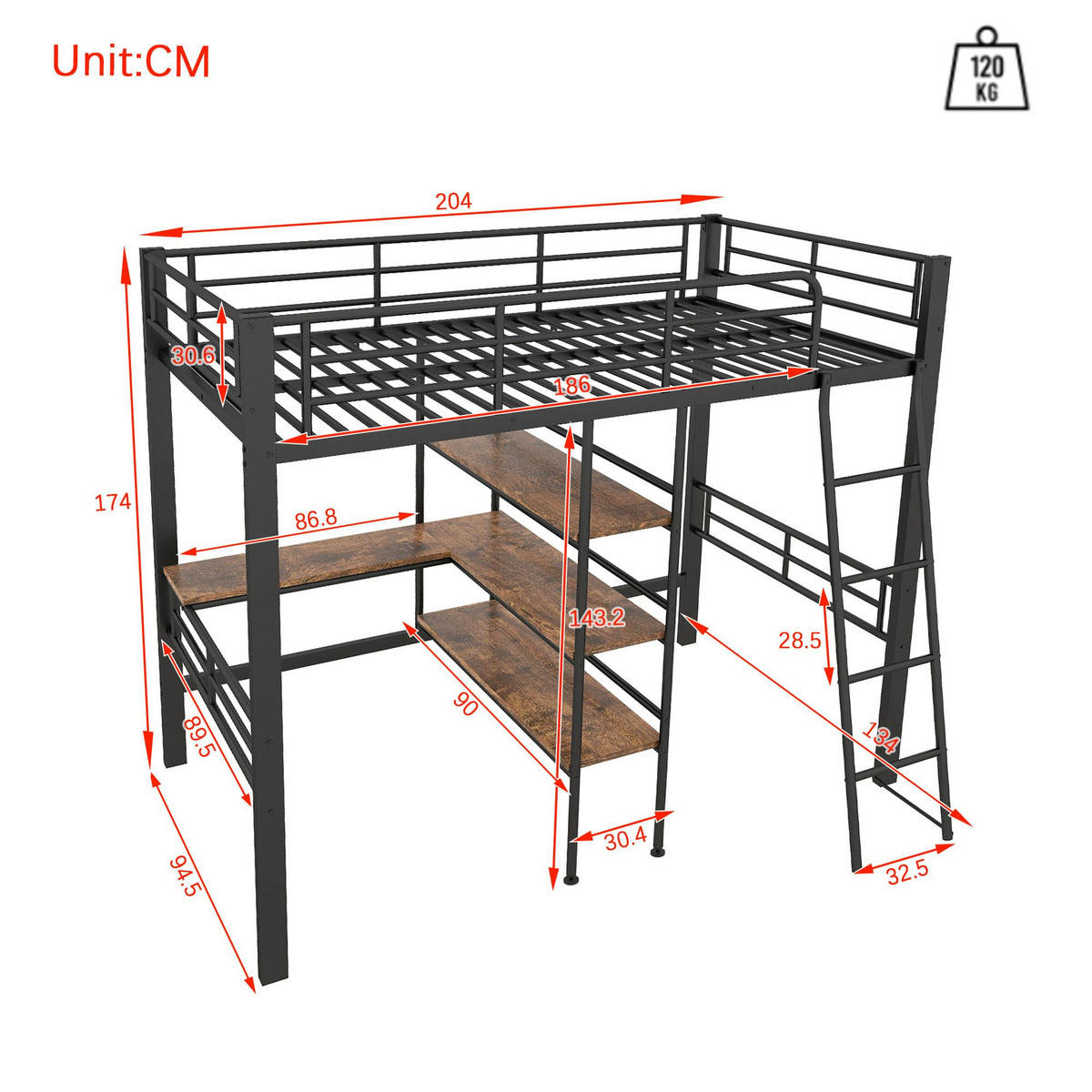 HOCHBETT 90x200cm mit Schreibtisch in Schwarz Metall - Schwarz, Metall (90/200cm) - KOMHTOM