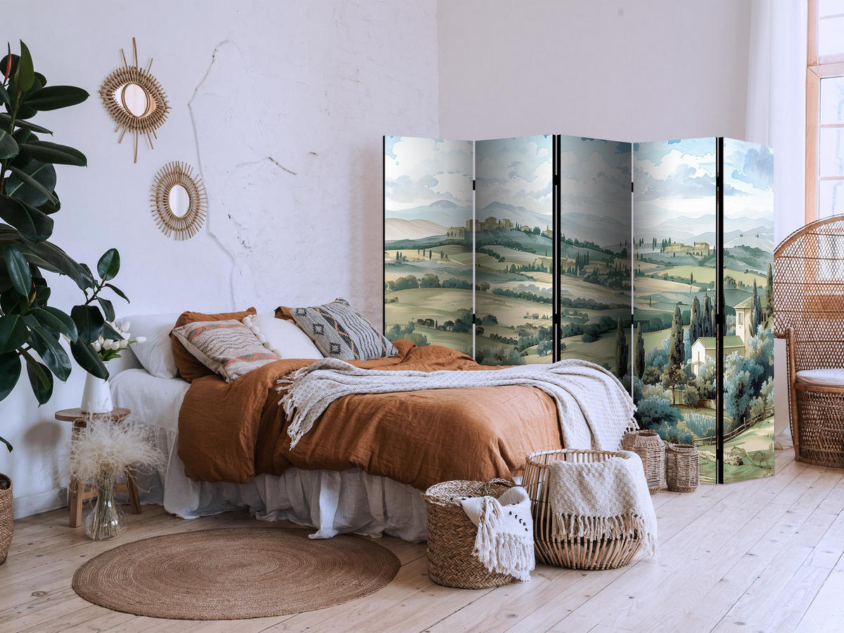 PARAVÁN Akustický 5-Dielny 225x172 cm Toskánska Krajina - zelená, drevo/textil (225/172/3cm) - Muralo