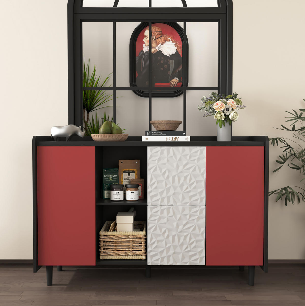 KOMODA 120/40/80 cm, MDF, černá/červená, s úložným prostorem a 2 zásuvkami - černá, kompozitní dřevo (120/80/40cm) - BEAOK