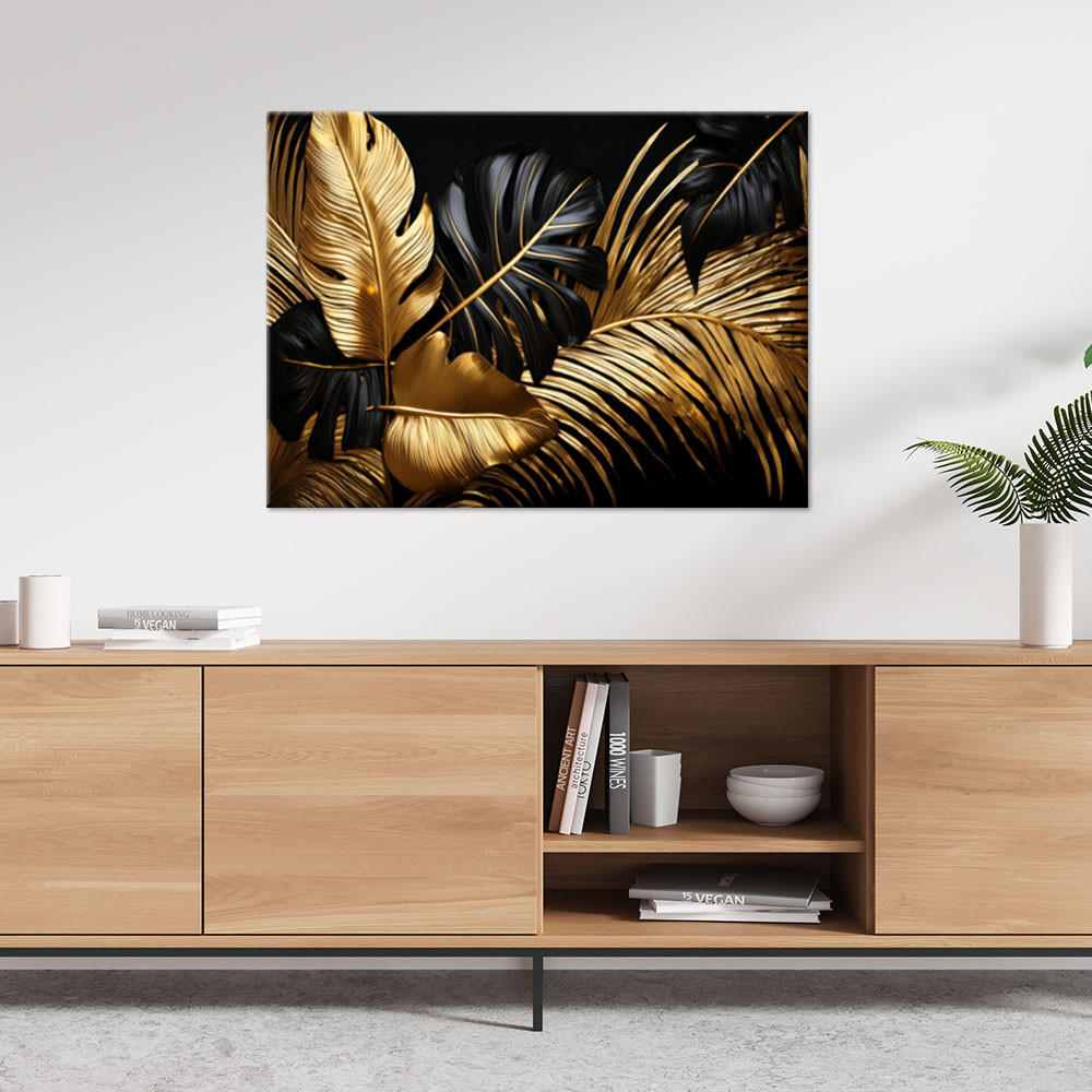 LEINWANDBILD Goldblatt auf schwarzem Hintergrund 100x70cm - Goldfarben, Textil (100/70cm) - Feeby