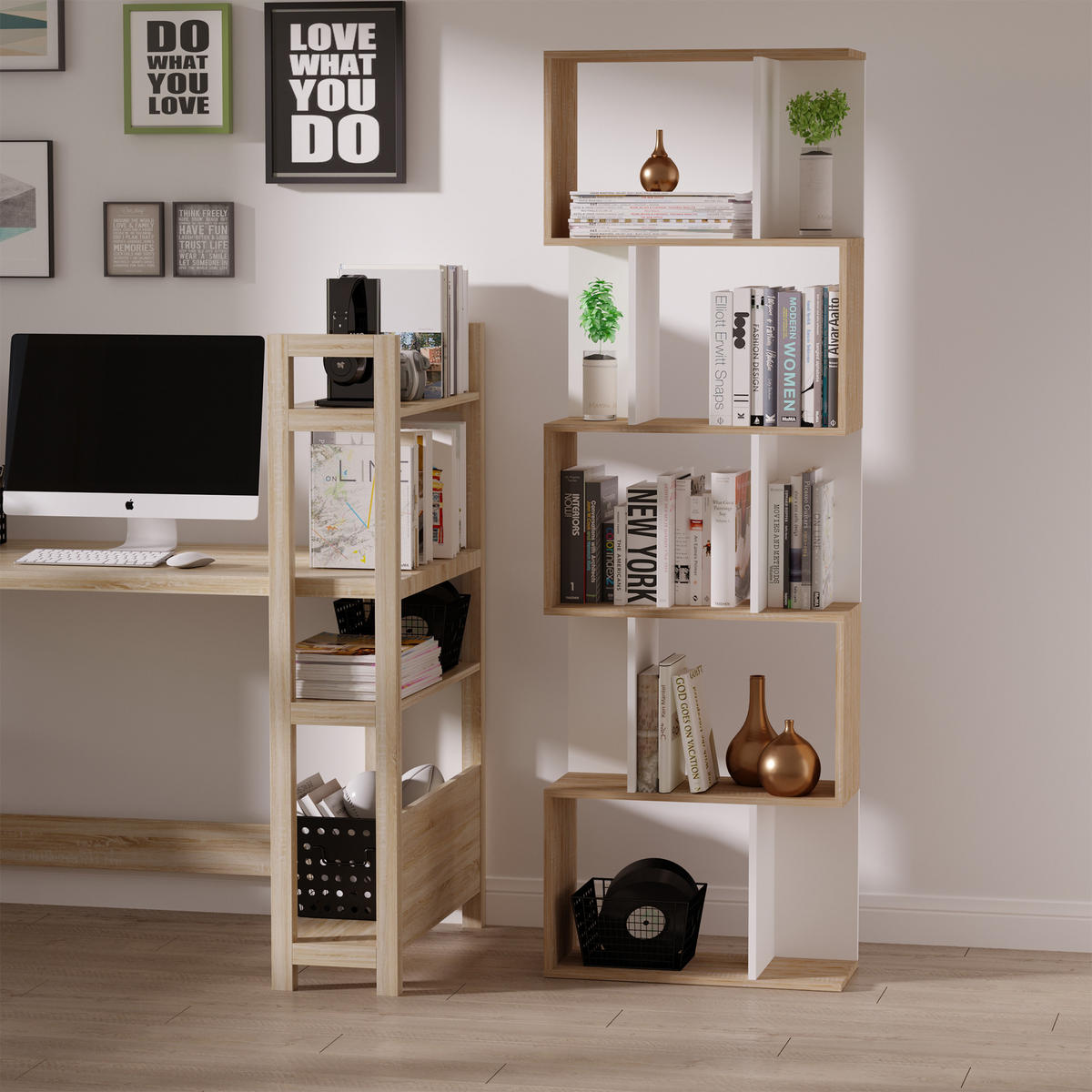 BÜCHERREGAL,5-STUFIG S-förmig Trennwand 60x24x184,5cm,holz-weiß - Weiß, Holzwerkstoff (60/184.5/24cm) - Vallsero