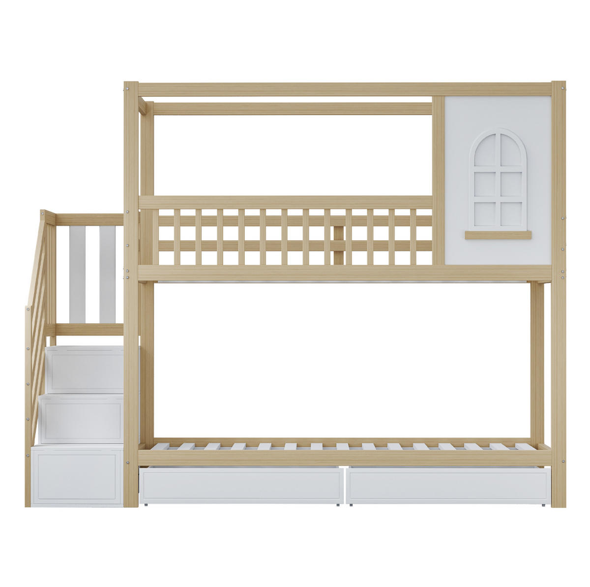 ETAGENBETT 90/200 cm mit Sicherheitsleiter, Fensterelement und Schubladen, Natur - Naturfarben, Holzwerkstoff (90/200cm) - Redom