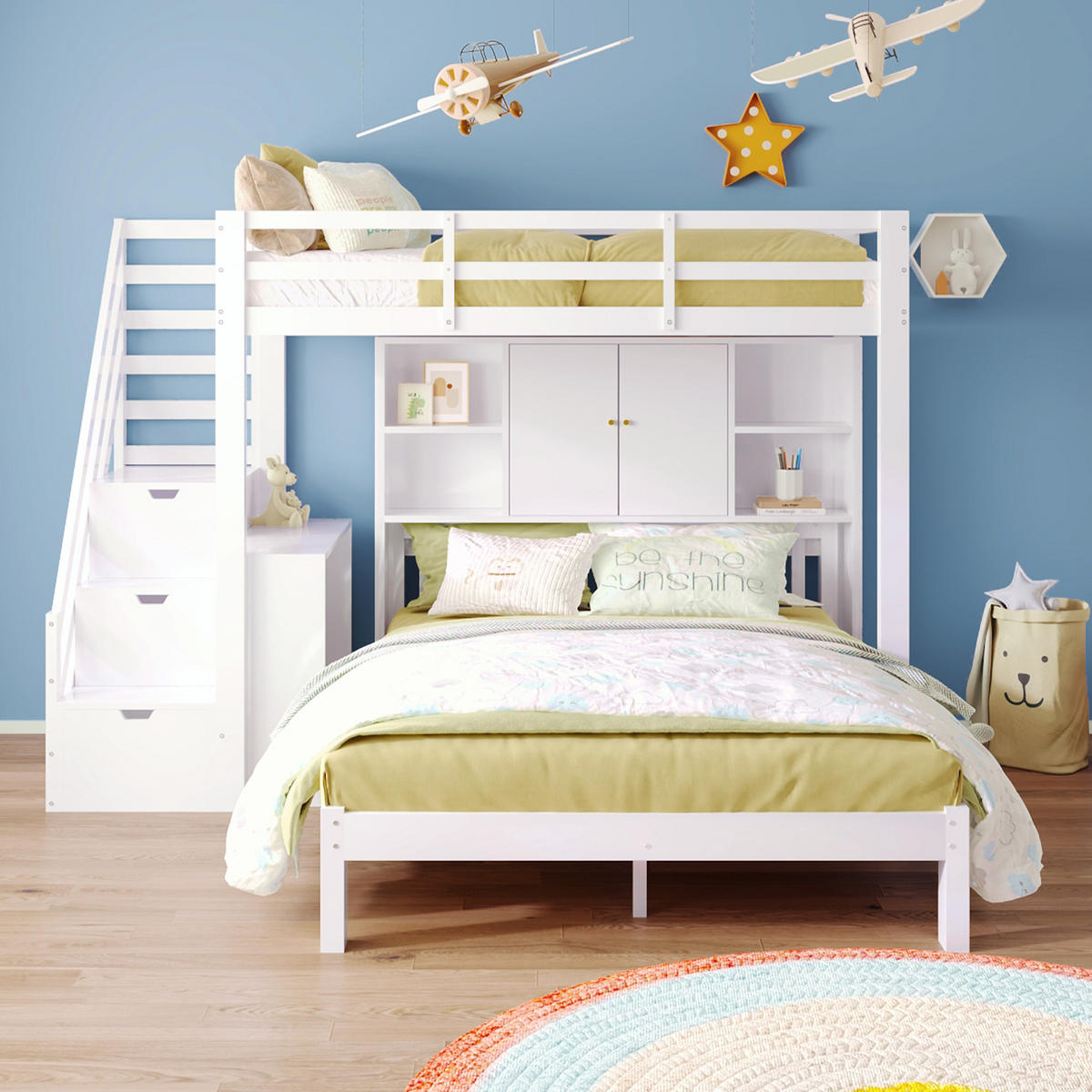 ETAGENBETT 90/200 cm und 140/200 cm weiß aus Massivholz und MDF mit Stauraumtreppe - Weiß, Holz (90/200cm) - OKWISH