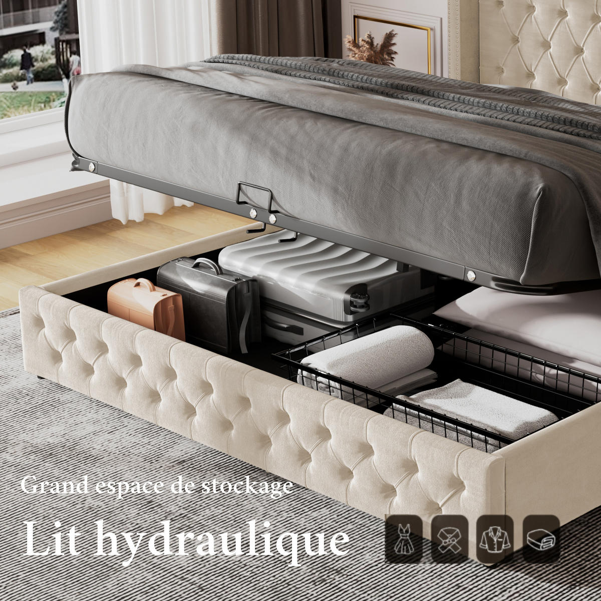 POLSTERBETT 140x190 Hydraulik Knopf Nieten Velours Schwarz Beige - Beige, Textil (180/200cm) - FLIEKS