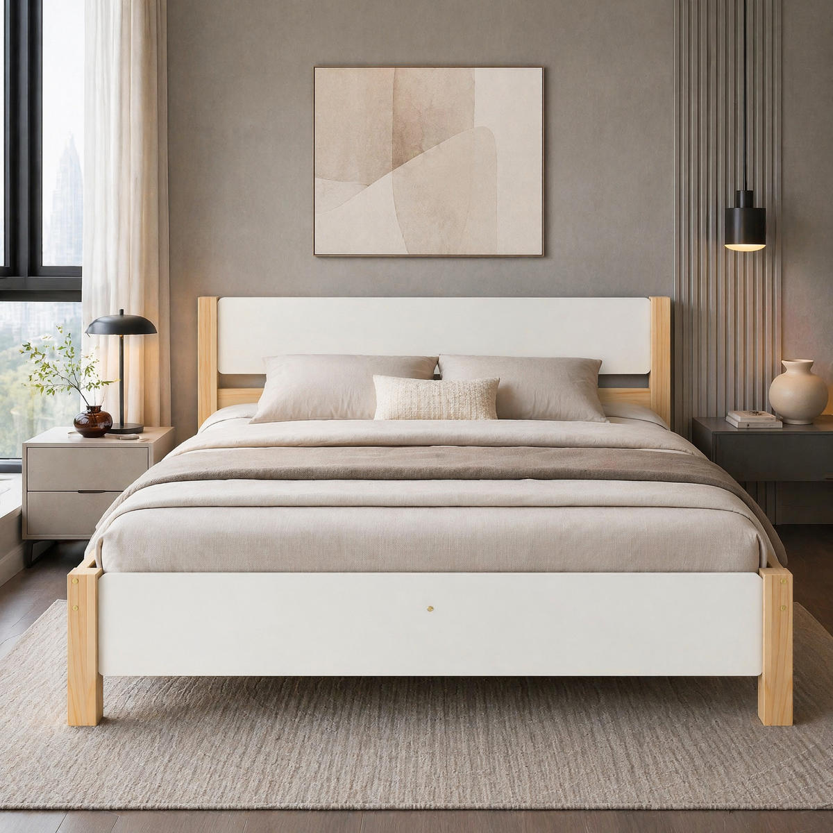 JUGENDBETT 140/200 mit Kopfteil, Fußteil und Lattenrost in Weiß und Natur - Weiß/Naturfarben, Holzwerkstoff (140/200cm) - EVRYAE