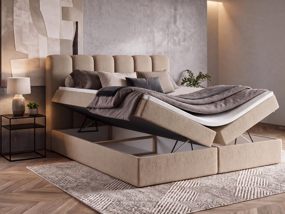 BOXBET NOLARO 160x200 cm Komplett-Set mit Bettkasten, Bonell-Matratze und Topper, Bouclé Beige - Beige, Textil (160/200cm) - Luxkor24