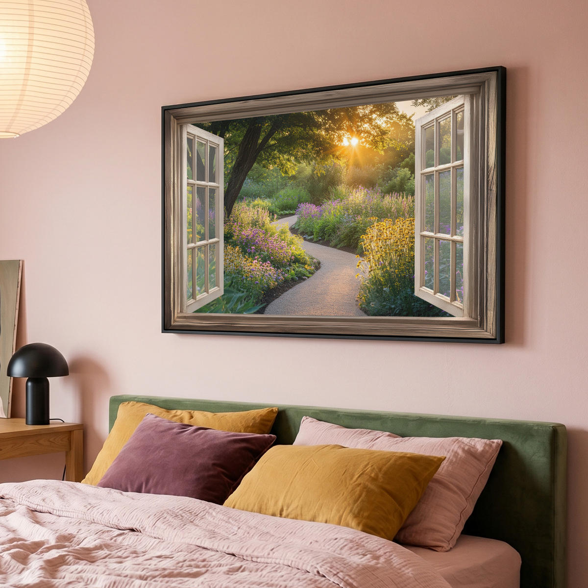 LEINWAND Bilder mit Rahmen - Aussicht - Blumen - Natur - Sonne - Weg - 120x80 - Hellgelb, Textil (120/80cm) - MuchoWow